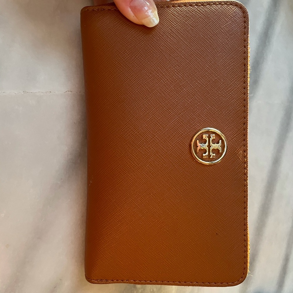 Tan and gold Tory Burch wallet